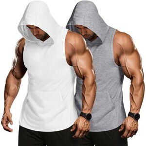 Men's 2 Pack Workout Hooded Tank Tops Muscle Cut Off T Shirt Sleeveless